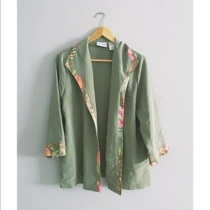 Sage Vintage Blazer Top with Tropical Print Trim